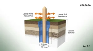 3D diagram visualizing wind force vectors against soil resistance in a fence post hole.