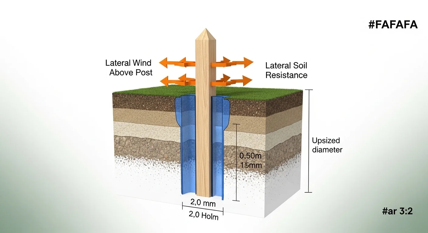 3D diagram visualizing wind force vectors against soil resistance in a fence post hole.