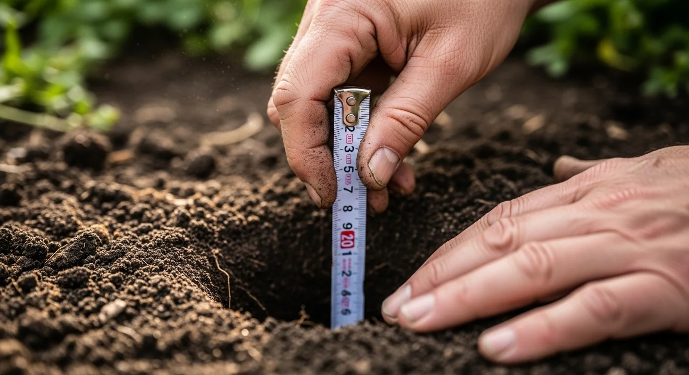 Close up of hands measuring the depth of a fence post hole with a tape.