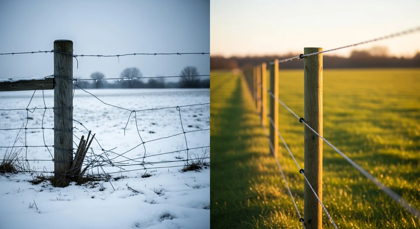 Fence Tension Temperature Calculator showing broken versus intact high-tensile wire fence in winter conditions
