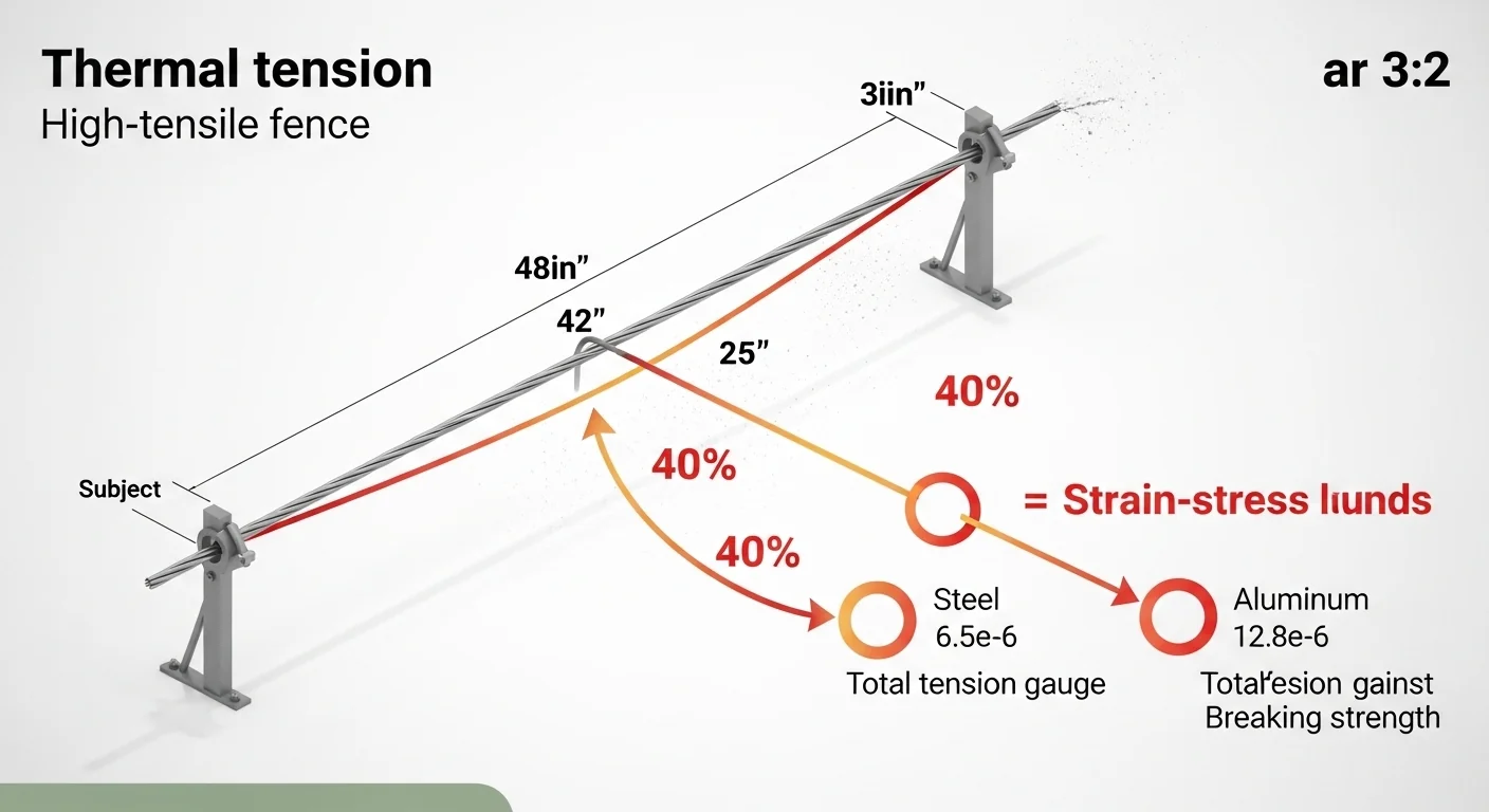 Fence Tension Temperature Calculator diagram explaining thermal shrinkage to tension increase conversion