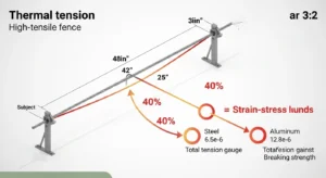 Fence Tension Temperature Calculator diagram explaining thermal shrinkage to tension increase conversion