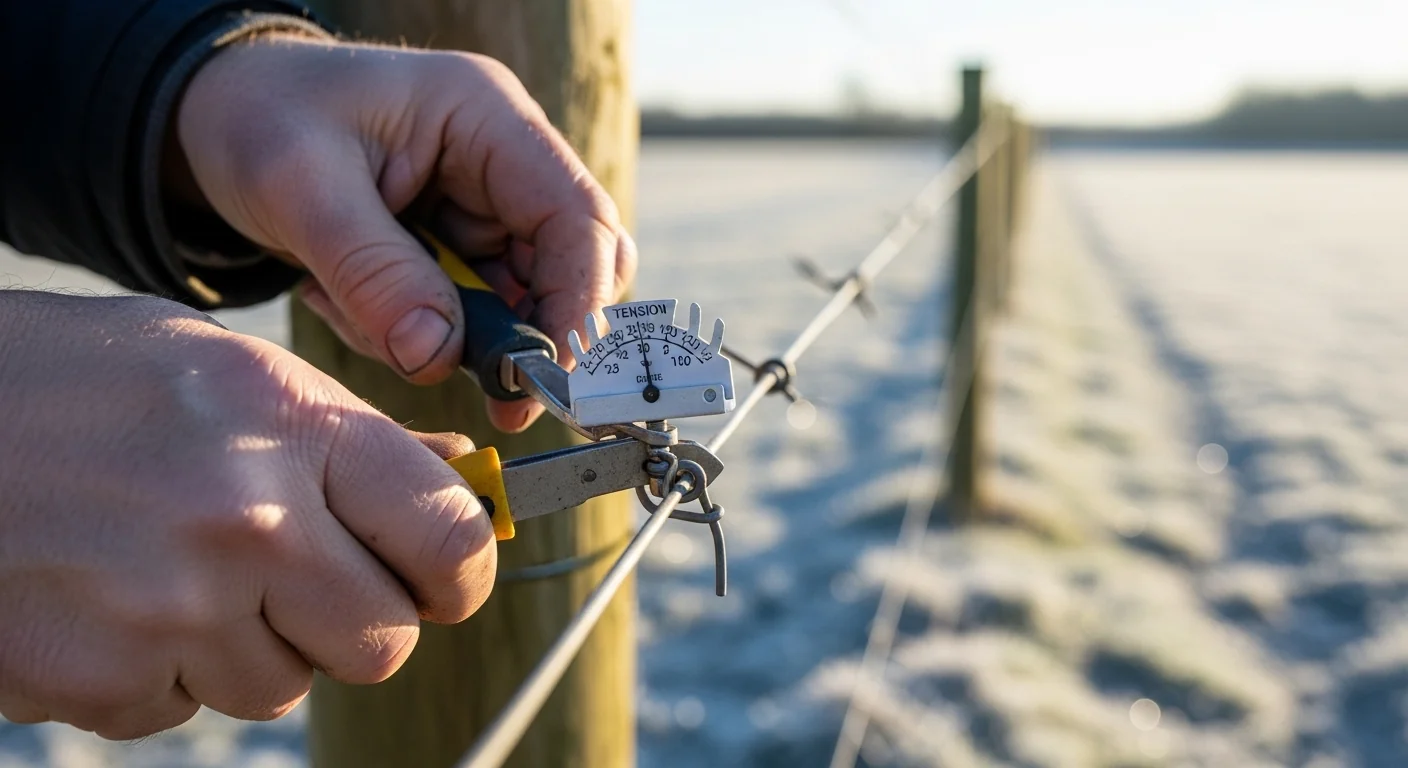 Fence Tension Temperature Calculator in action with tension meter on high-tensile fence wire