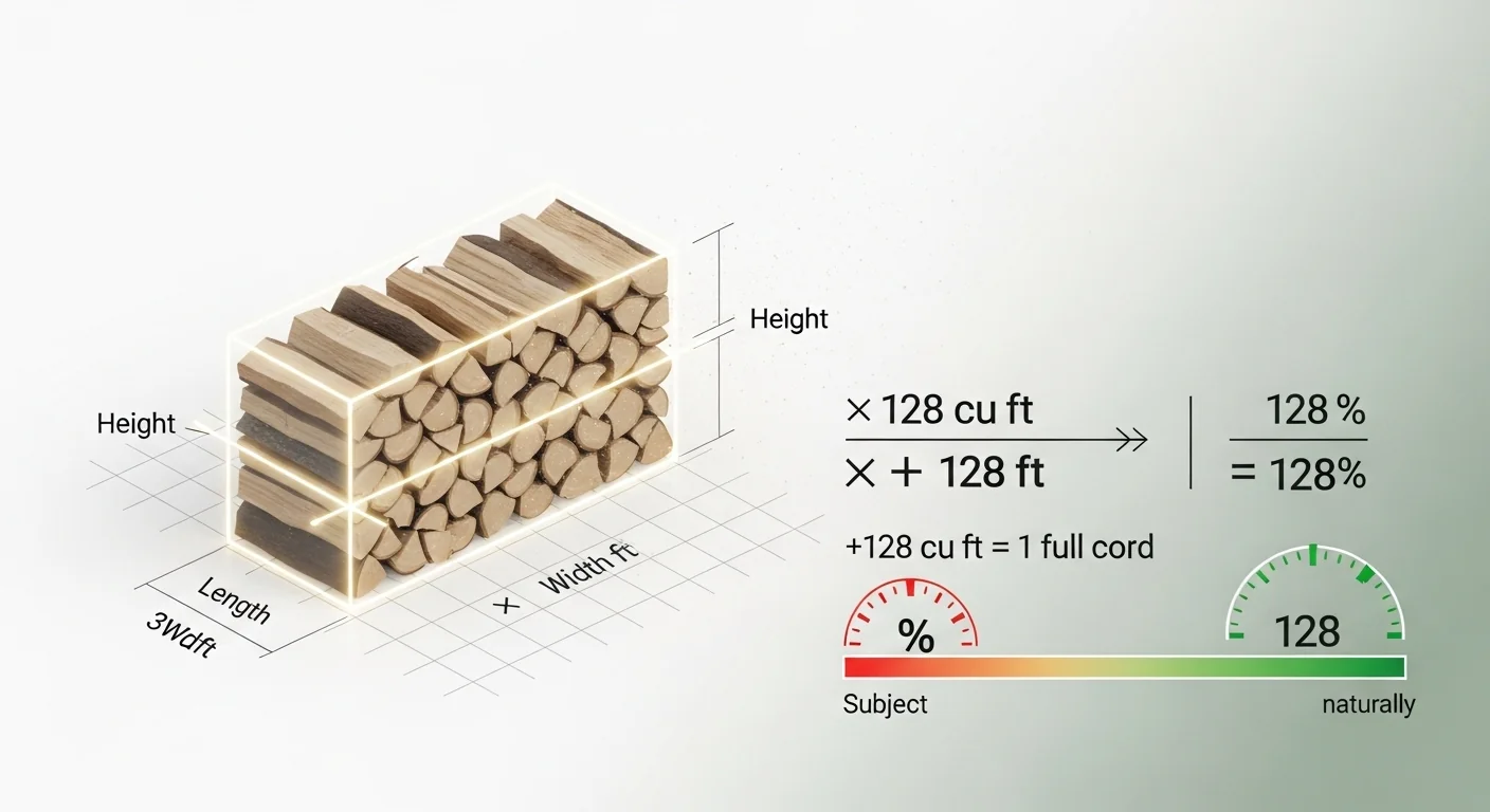 Firewood cord calculator logic showing length width height multiplication divided by 128 cubic feet