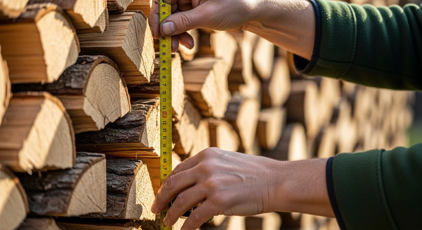 Hands measuring firewood stack dimensions with tape for cord calculator