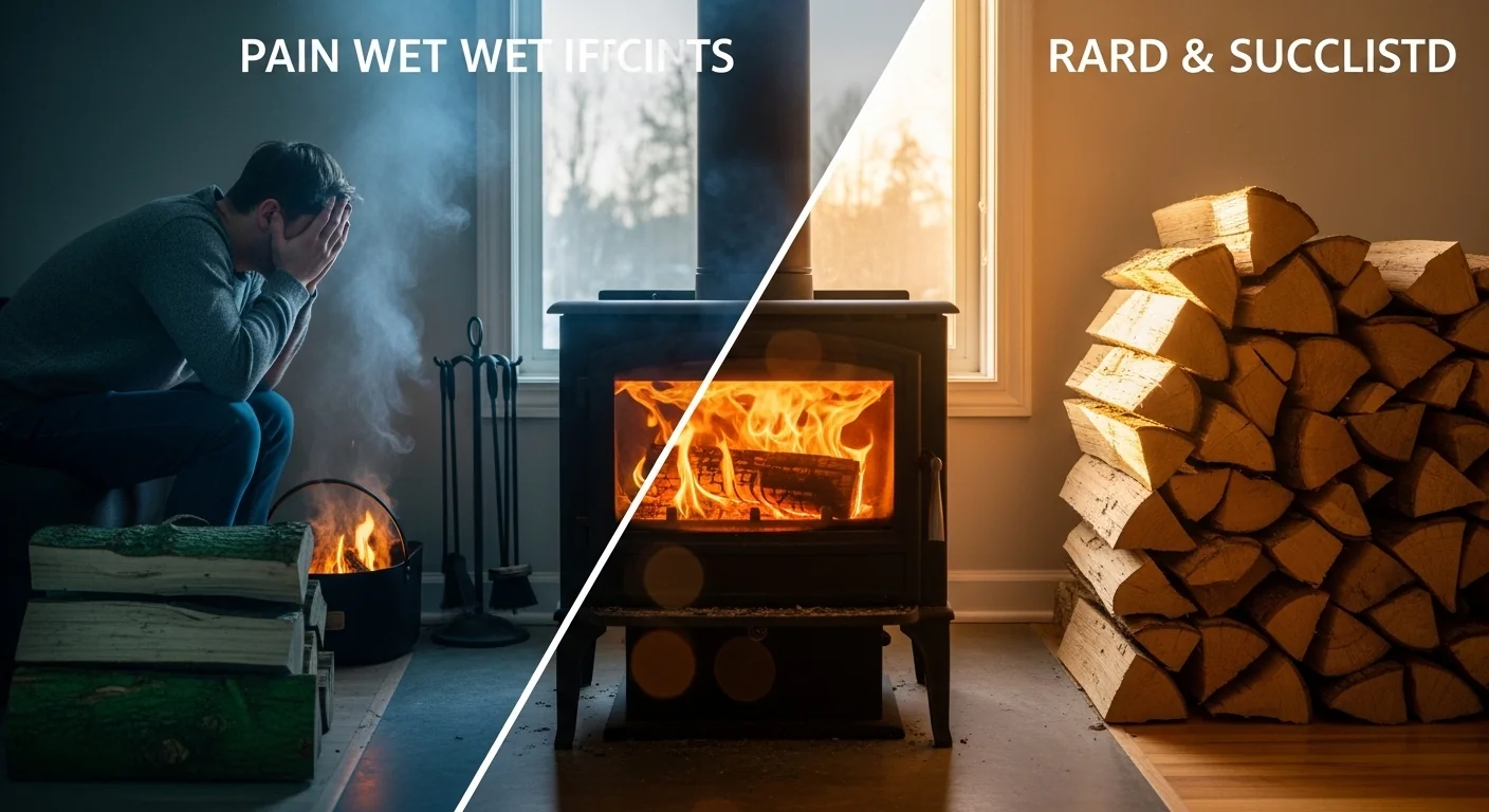Firewood cord calculator showing wet inefficient wood versus dry high-BTU seasoned stack