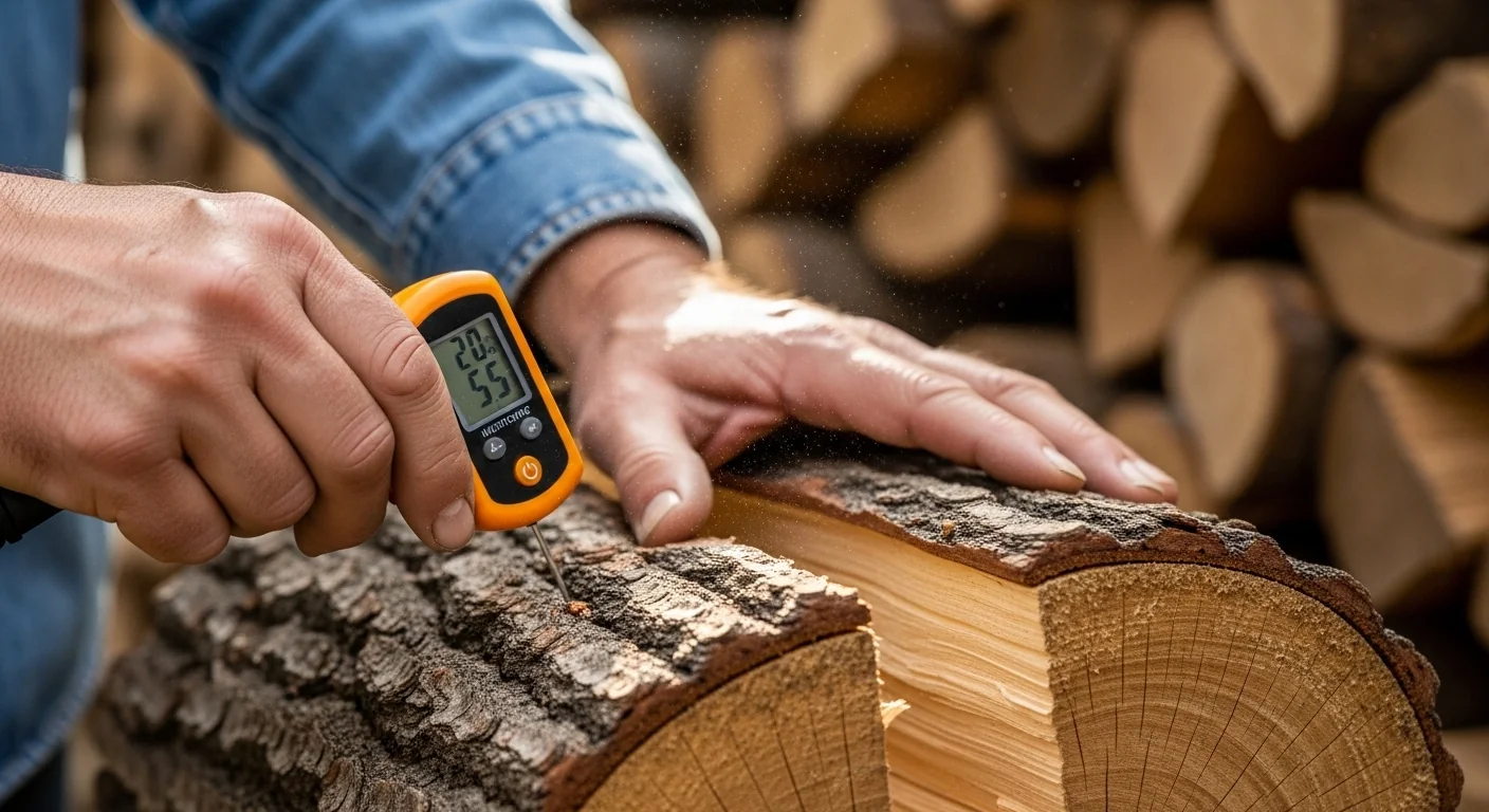 Firewood cord calculator in action measuring moisture content on a split log