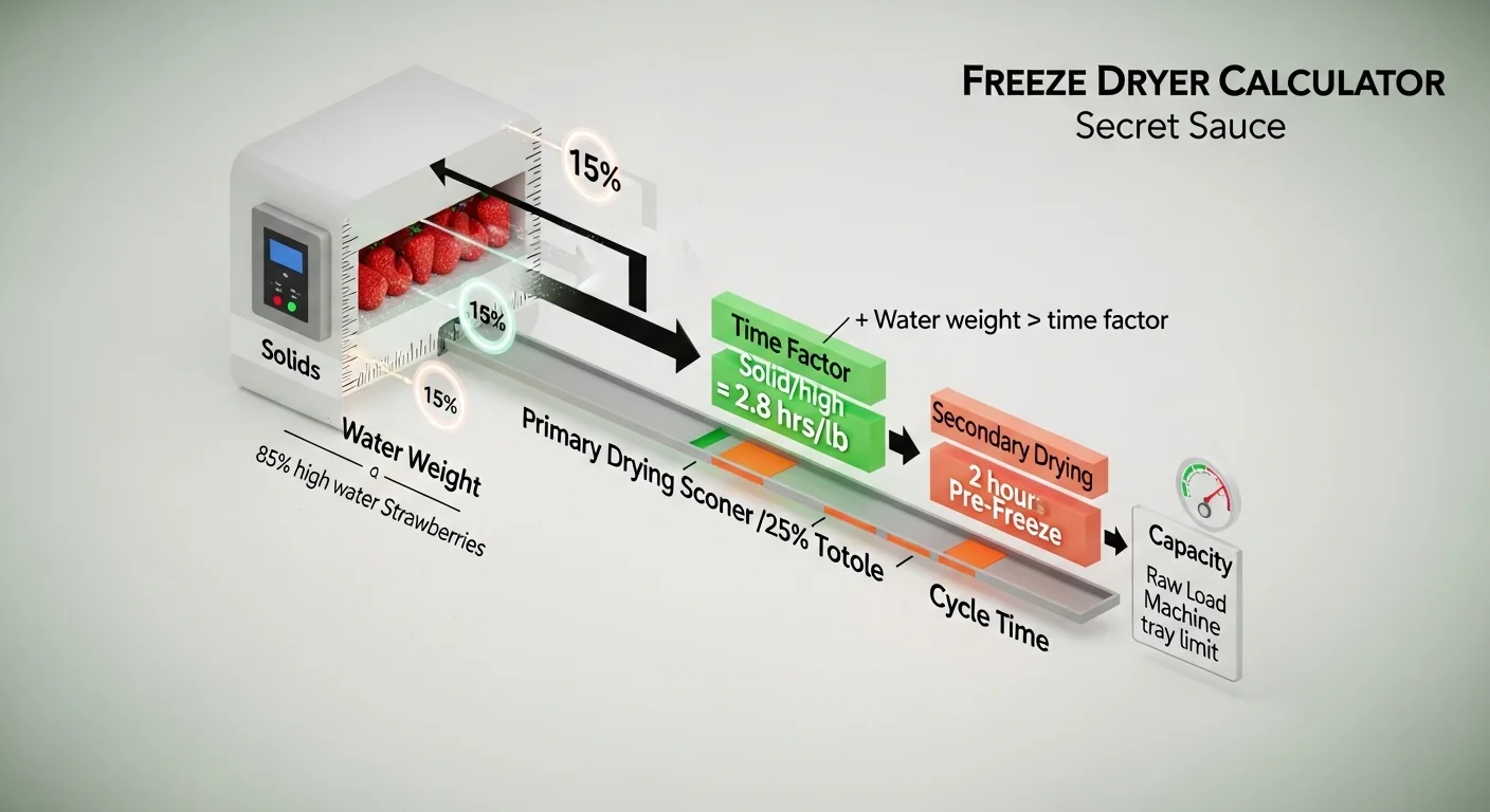 Freeze dryer calculator logic showing water weight converted to primary and secondary drying hours plus pre-freeze