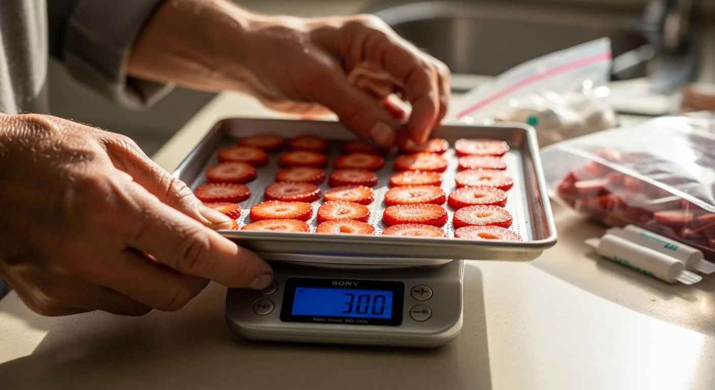 Freeze dryer calculator in action — weighing and layering food on trays for accurate batch input