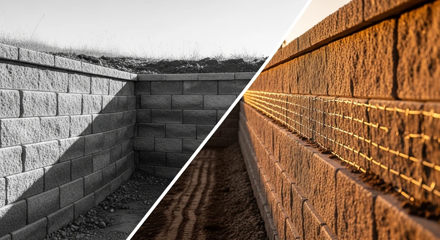 Retaining wall geogrid calculator showing failed bulging base versus stable reinforced wall