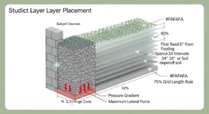 Retaining wall geogrid calculator logic showing base-first layer placement and hinge zone reinforcement