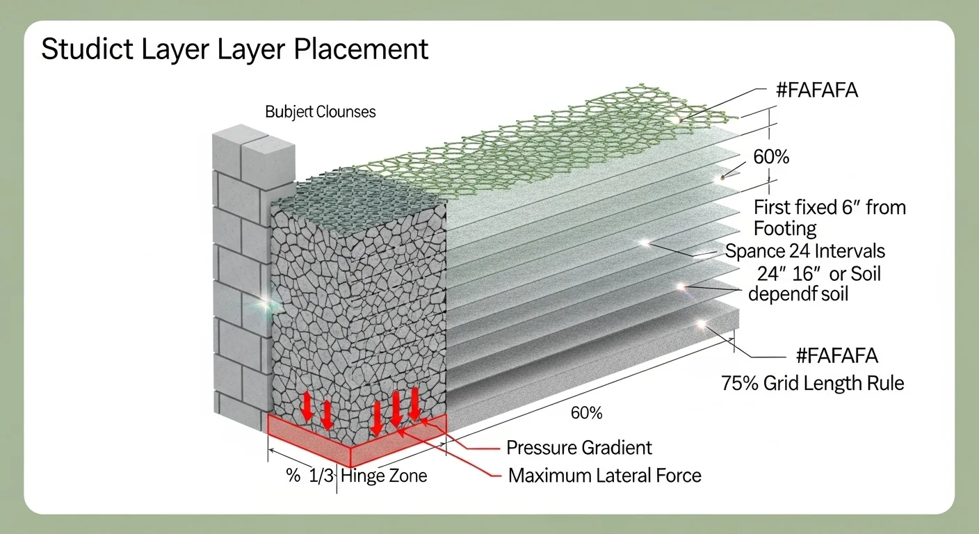 Retaining wall geogrid calculator logic showing base-first layer placement and hinge zone reinforcement