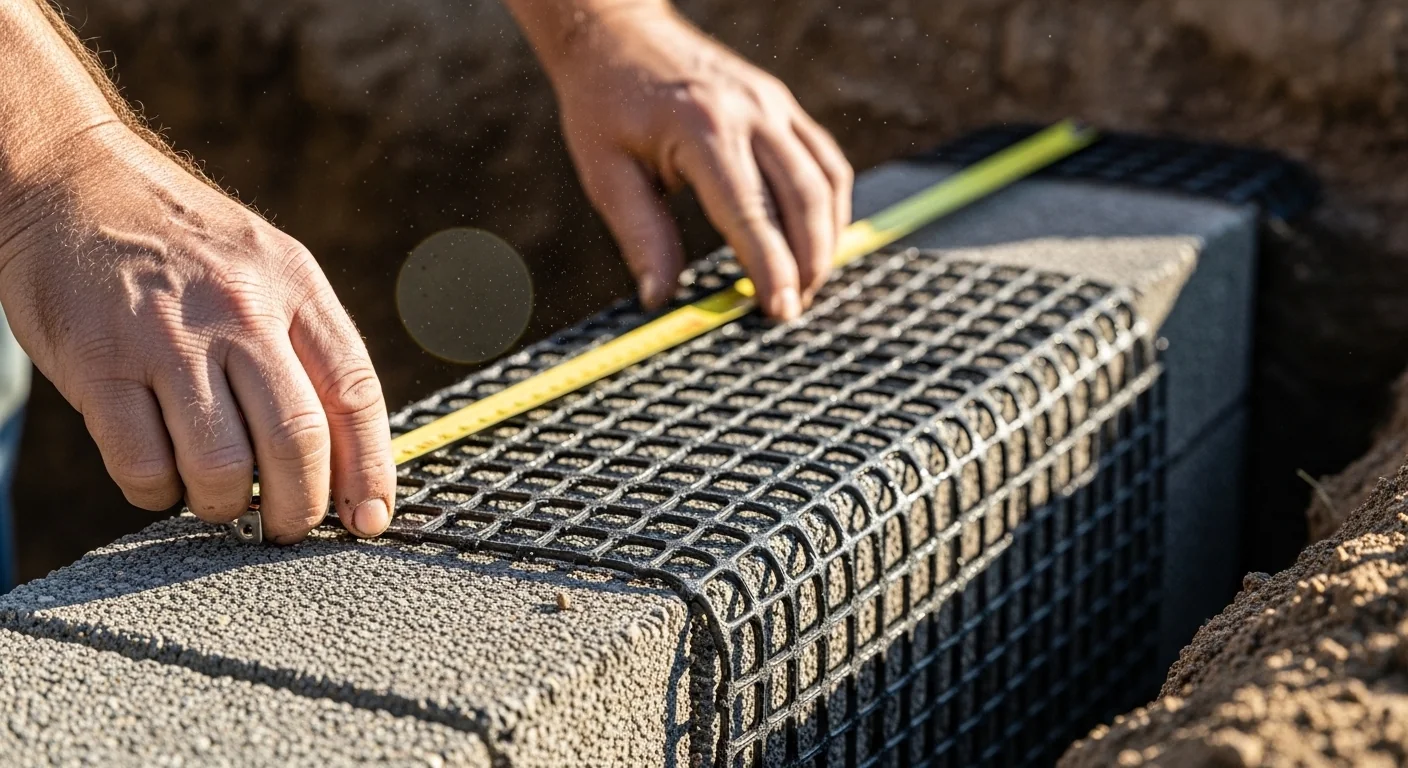 Retaining wall geogrid calculator in action with hands installing first base layer correctly