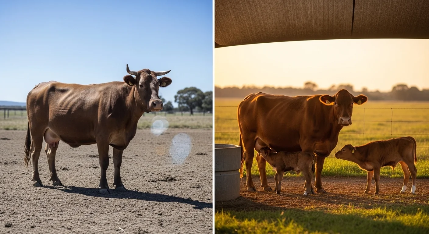 Livestock gestation calculator showing heat-stressed cow versus healthy shaded calving outcome