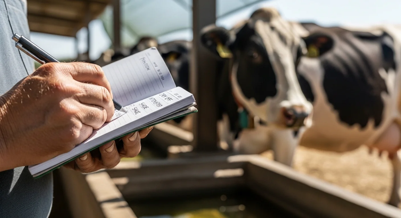 Farmer using livestock gestation calculator results to plan dry-off and heat mitigation for pregnant cow