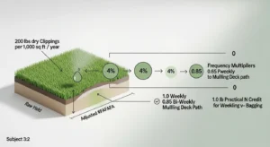 Grass clippings nitrogen calculator logic showing frequency factors and practical 1.0 lb N credit for mulching