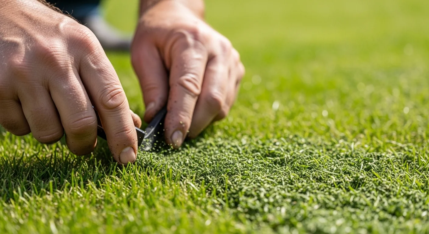 Gardener hands applying reduced fertilizer after using grass clippings nitrogen calculator