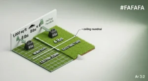Grass seed calculator logic showing 8 lbs new lawn rate versus 4 lbs overseeding rate with ceiling rounding