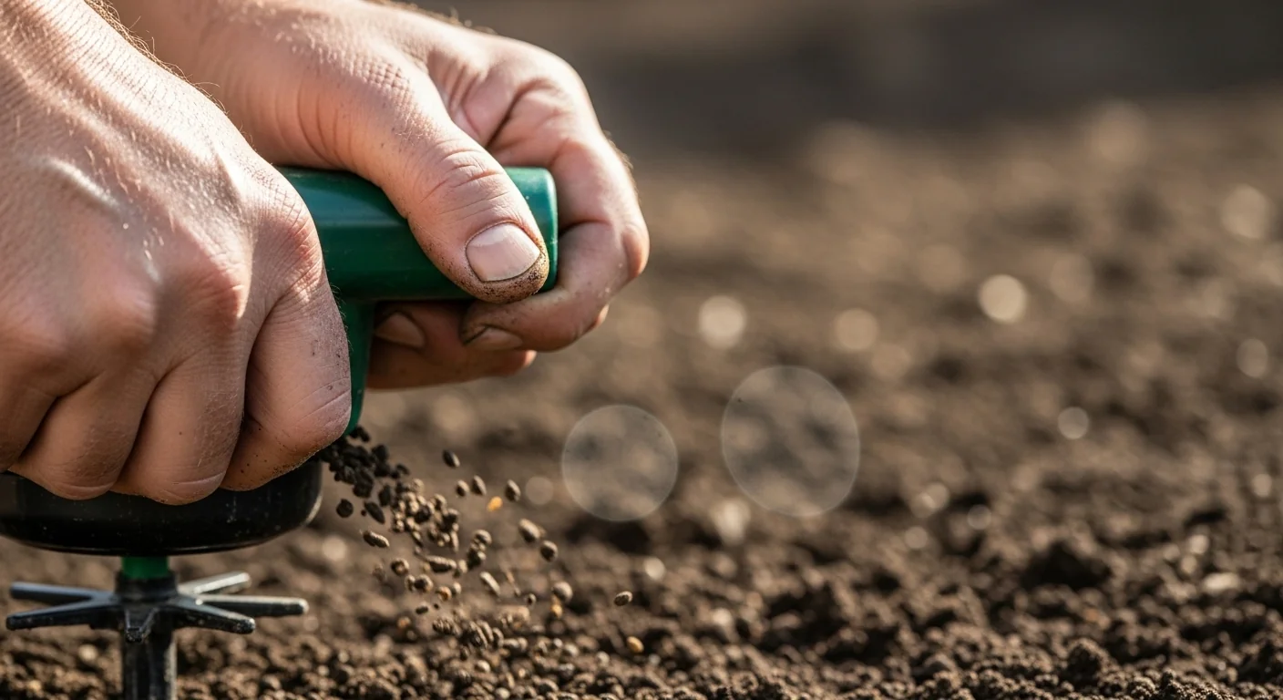 Gardener using spreader to apply calculated grass seed amount on lawn