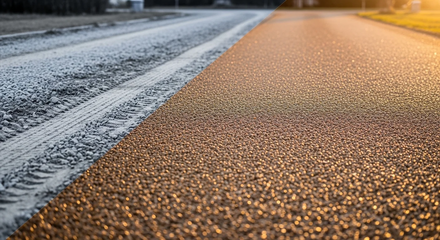 Gravel calculator before and after showing failed uneven driveway versus perfectly stable gravel coverage