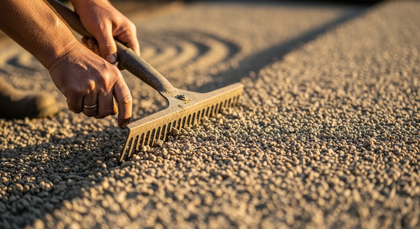 Gardener's hands spreading calculated gravel tonnage evenly on a path using a rake