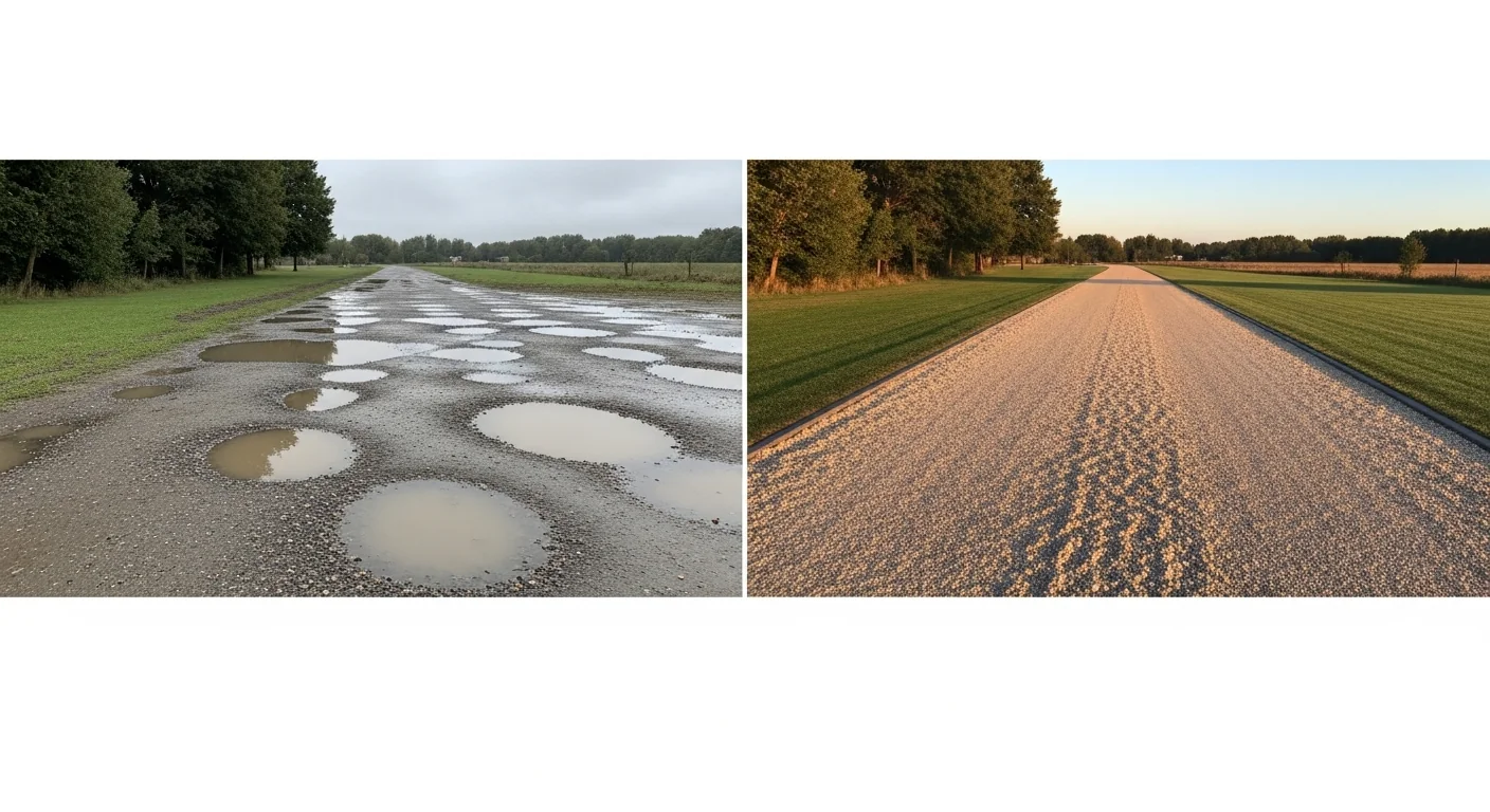 A comparison of a potholed flat driveway versus a properly crowned gravel surface.