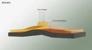 Technical diagram showing the 15% extra gravel volume needed for a driveway crown.