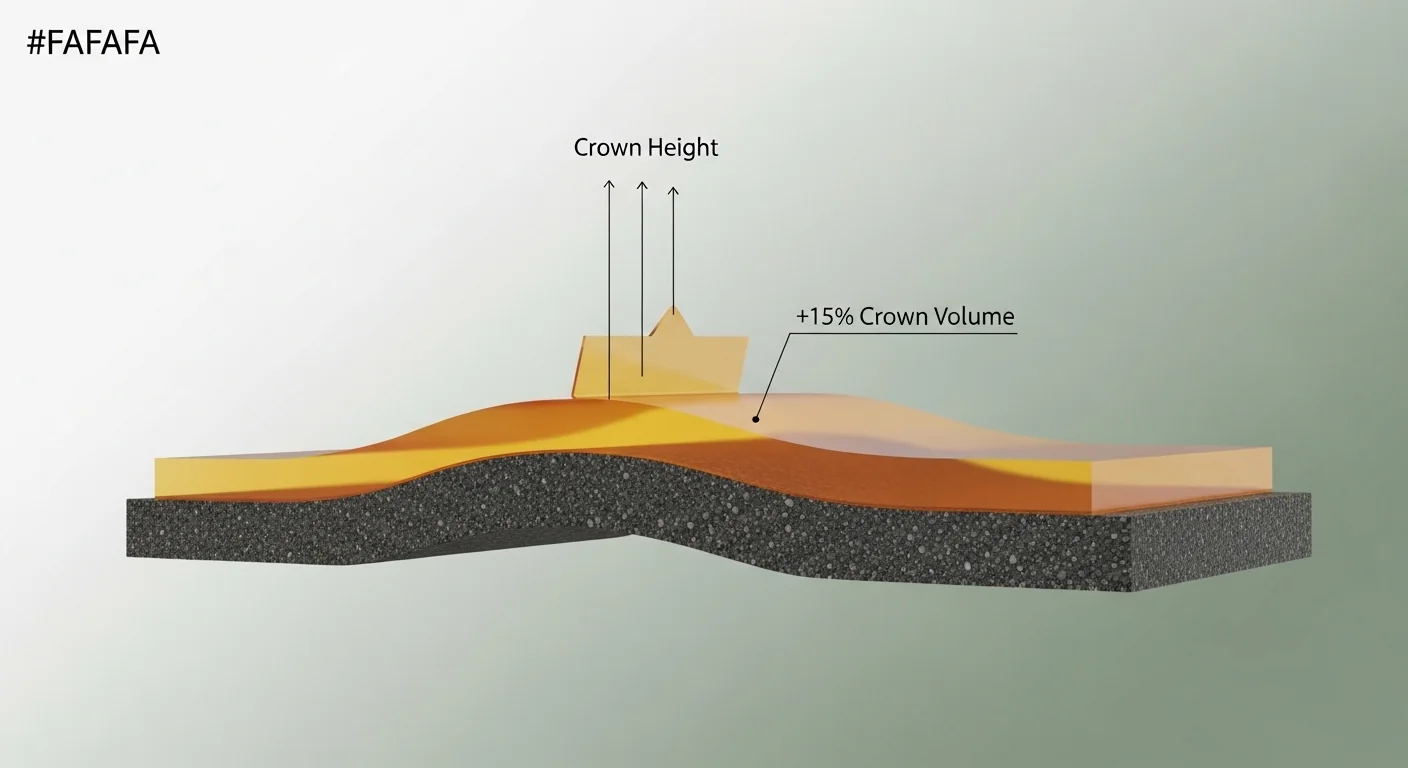 Technical diagram showing the 15% extra gravel volume needed for a driveway crown.