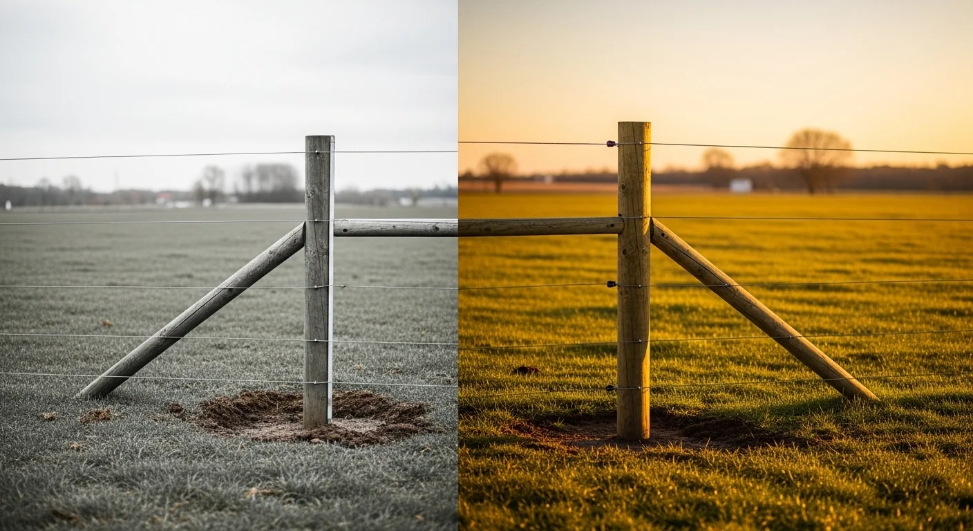 H brace fence calculator showing failed leaning post versus secure plumb installation with proper 2:1 brace