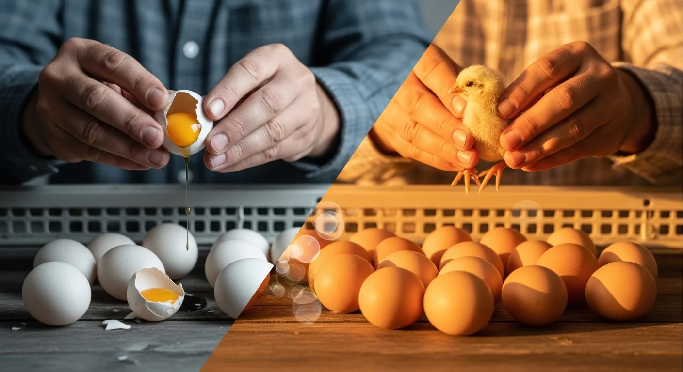 Egg incubation calculator showing failed vs successful hatch with healthy chick