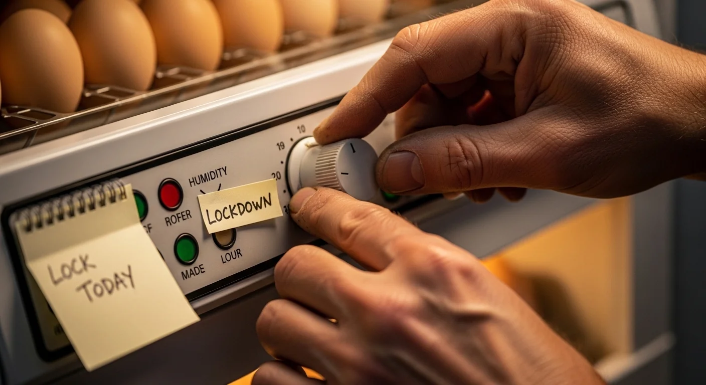 Hands performing lockdown on incubator using egg incubation calculator dates