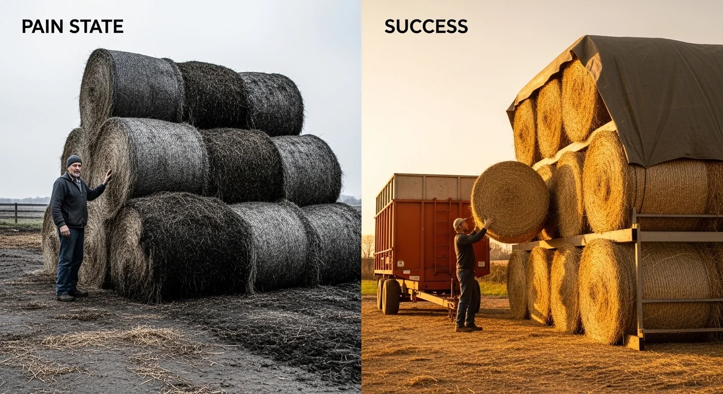 Round hay bale spoilage calculator showing spoiled bales on bare ground versus clean tarped storage