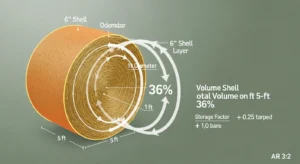 Round hay bale spoilage calculator diagram showing 6-inch outer shell volume percentage in cylinder geometry