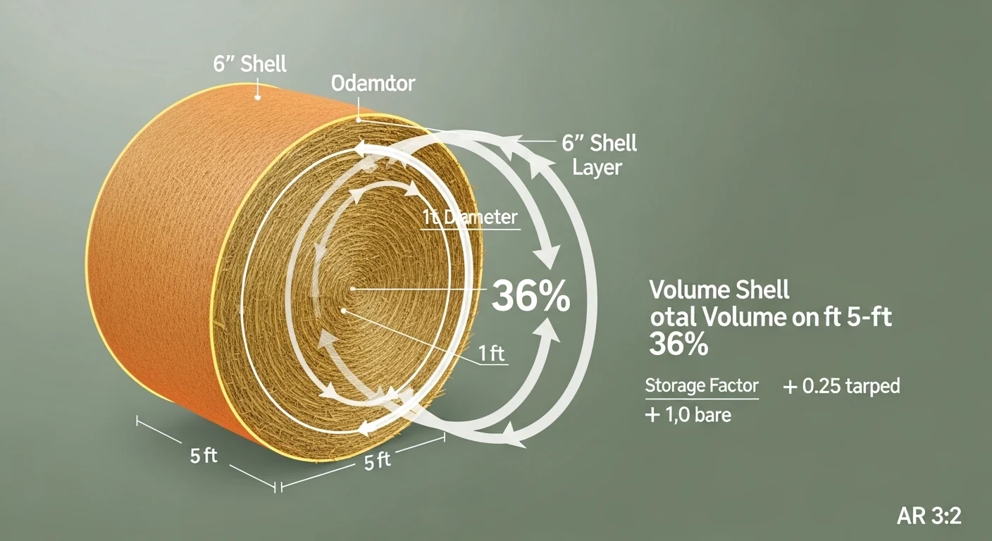 Round hay bale spoilage calculator diagram showing 6-inch outer shell volume percentage in cylinder geometry