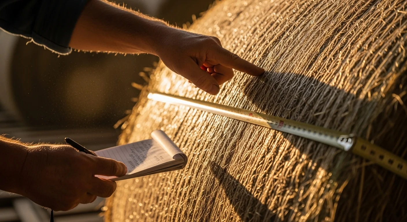 Farmer measuring round hay bale diameter for spoilage calculator to determine storage loss