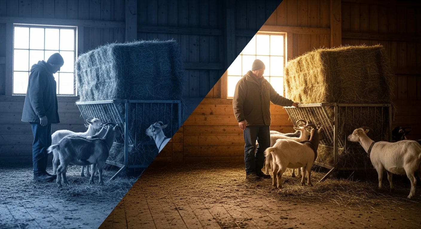 Goat sheep hay feeder calculator showing pain of running short on hay versus success with proper monthly supply