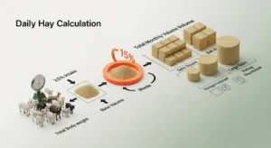 Goat sheep hay feeder calculator logic showing 15% waste factor added to base intake before bale calculation