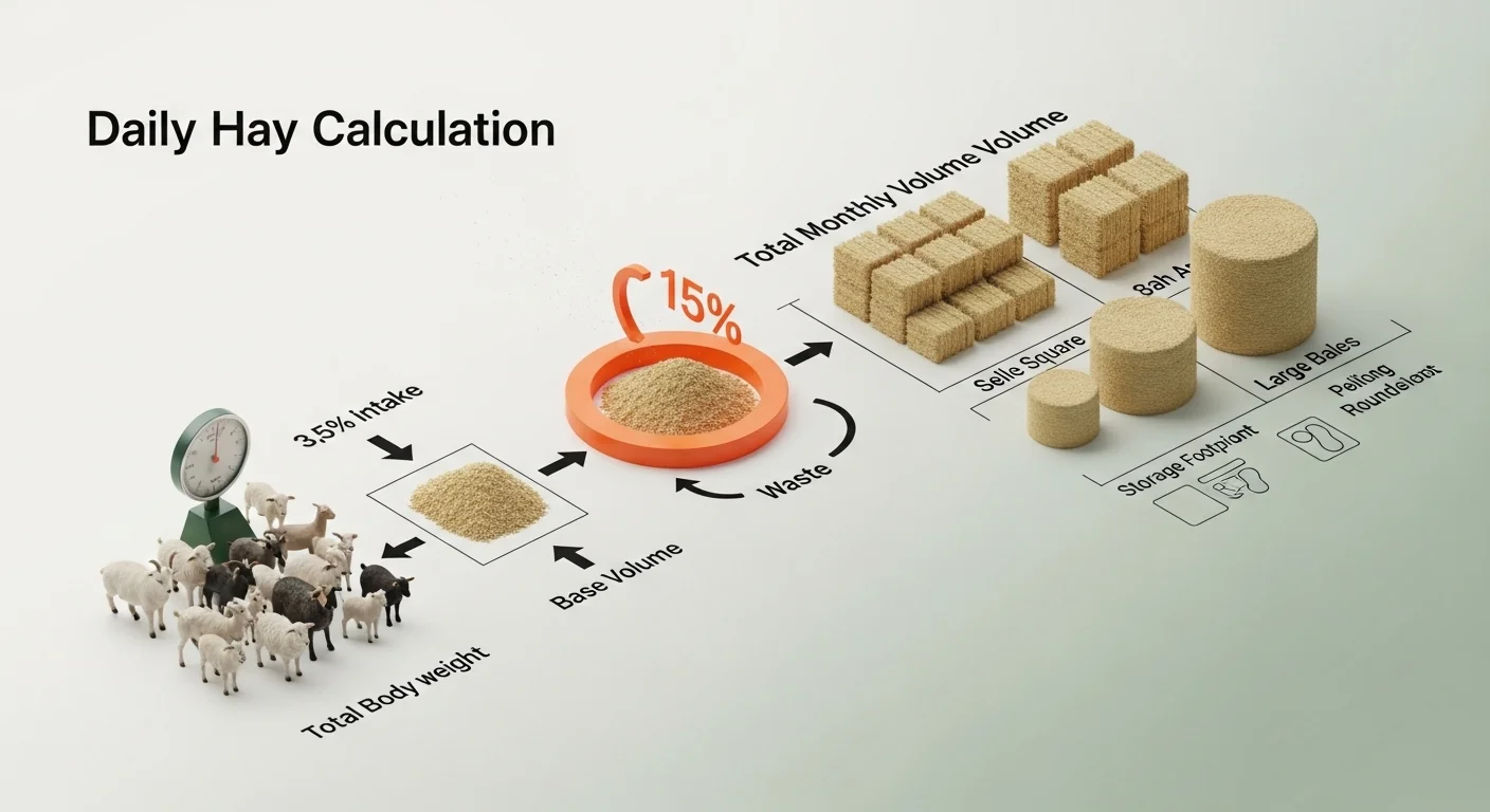 Goat sheep hay feeder calculator logic showing 15% waste factor added to base intake before bale calculation