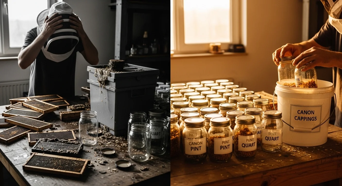 Before and after honey harvest planning with full jars and collected wax