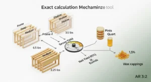 3D diagram showing honey yield calculation from frame weights through extraction rate to jars and wax