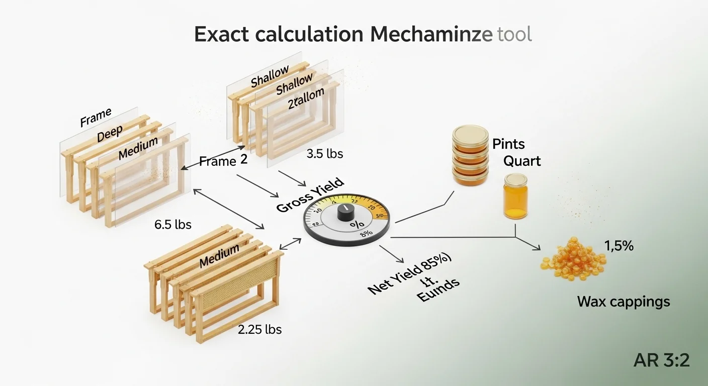 3D diagram showing honey yield calculation from frame weights through extraction rate to jars and wax