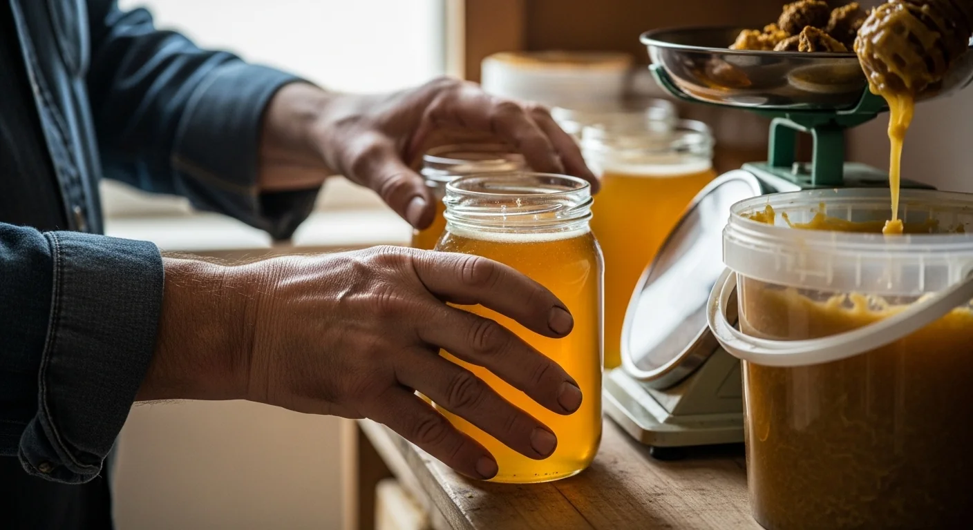Beekeeper hands organizing calculated honey yield into jars and collecting cappings wax