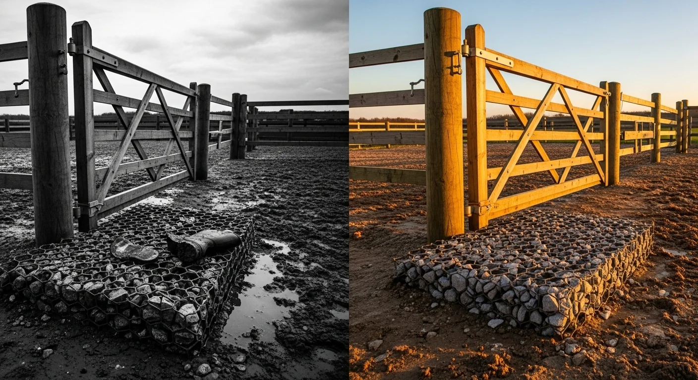 Horse Mud Management Calculator showing deep muddy gate transitioning to stabilized geocell gravel surface.