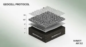 Technical 3D cross-section for a Horse Mud Management Calculator showing soil, fabric, and geocell layers.