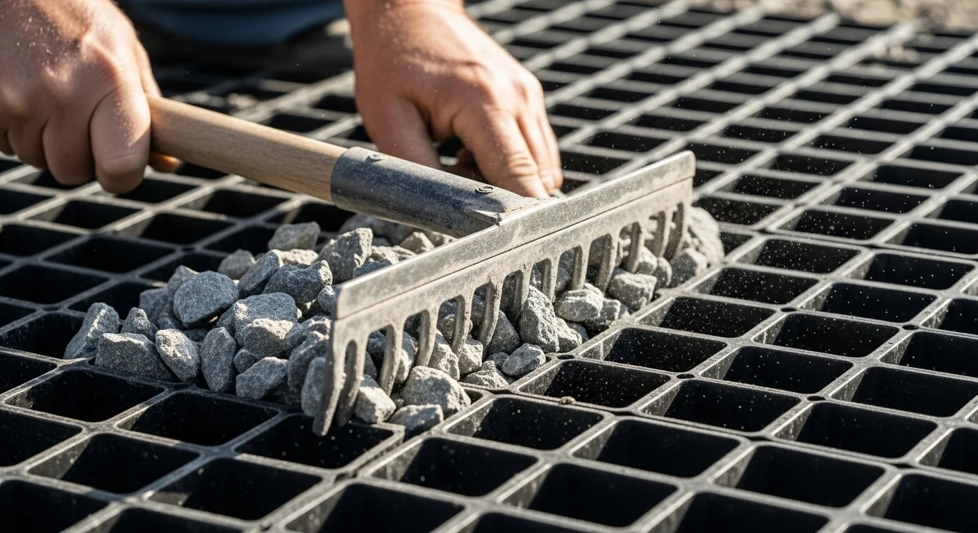 Weathered hands securing geocell panels during a project using the Horse Mud Management Calculator.