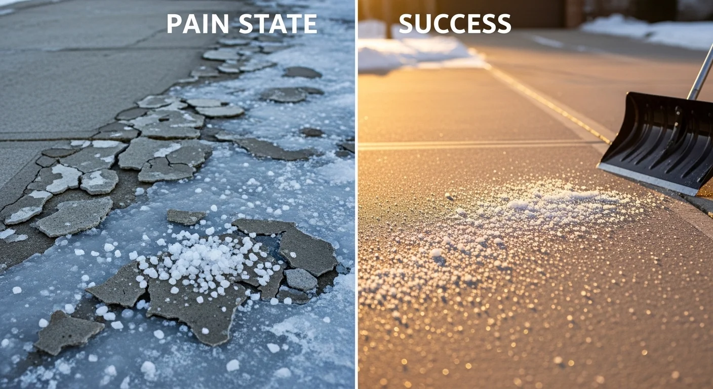 Ice melt application rate calculator showing damaged spalled concrete versus clean cleared driveway