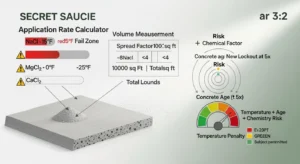 Ice melt application rate calculator logic showing temperature thresholds, spread factors, and spalling risk scoring