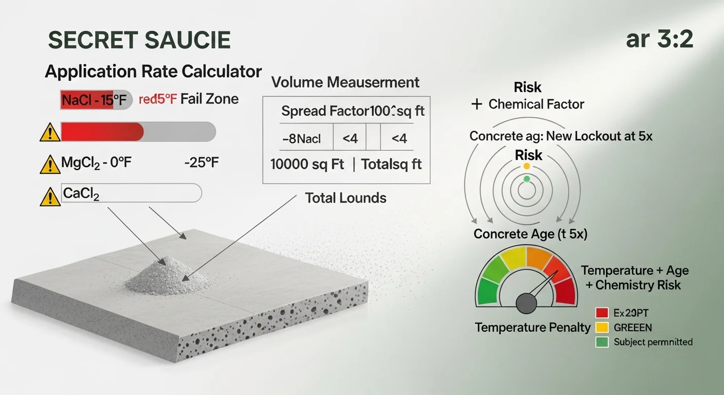 Ice melt application rate calculator logic showing temperature thresholds, spread factors, and spalling risk scoring