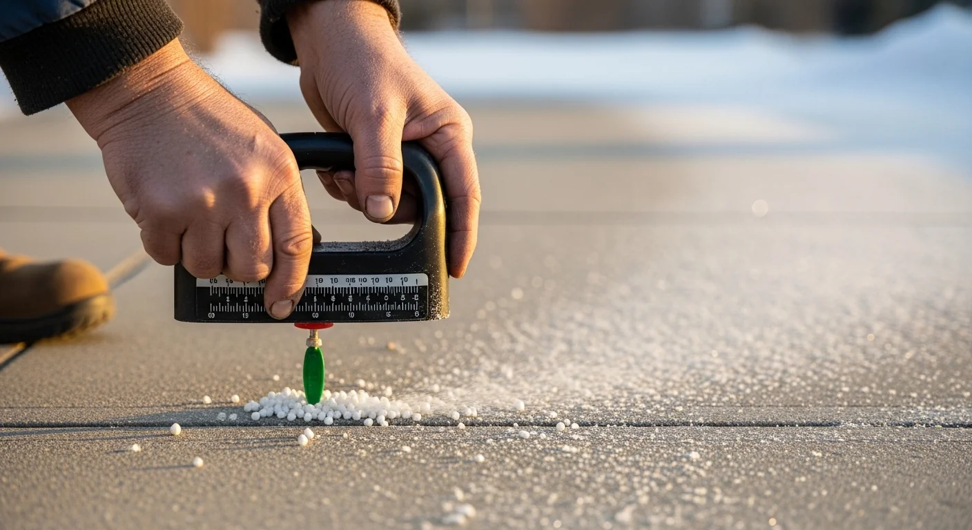 Hands using spreader to apply exact ice melt rate calculated for driveway