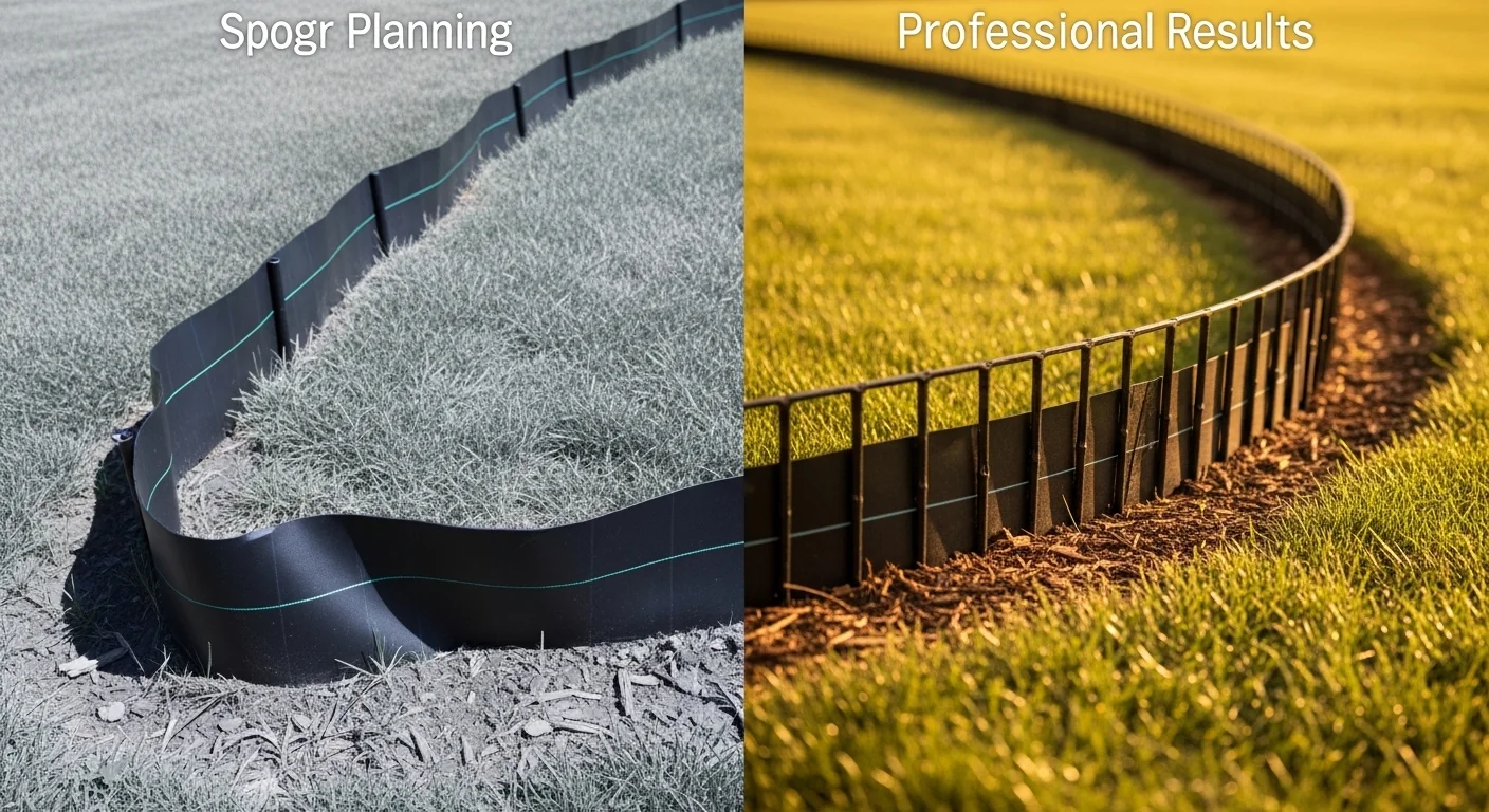 Landscape Edging Calculator visual showing buckled poly vs perfectly staked curved garden edging.